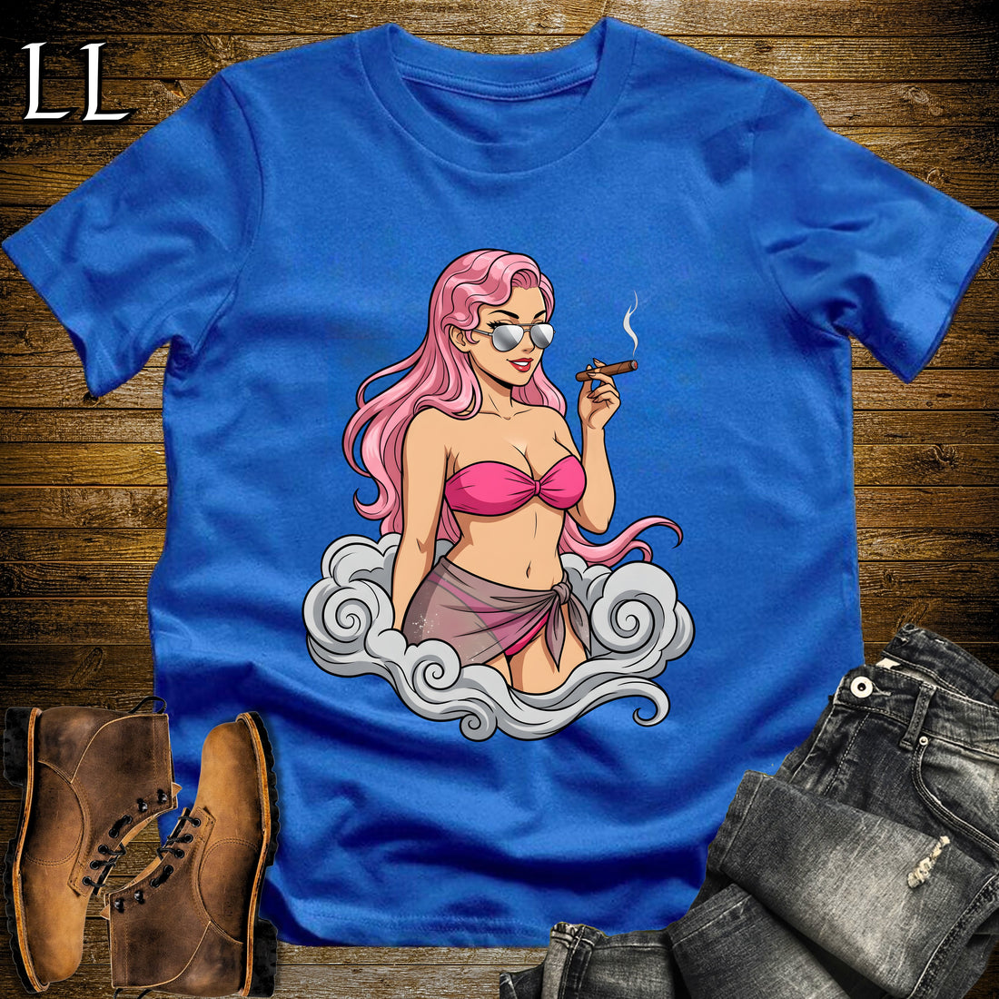 Rosa's Smoke Break Cigar Girl T-Shirt Royal | Cigar Pin-Up Girl Tee