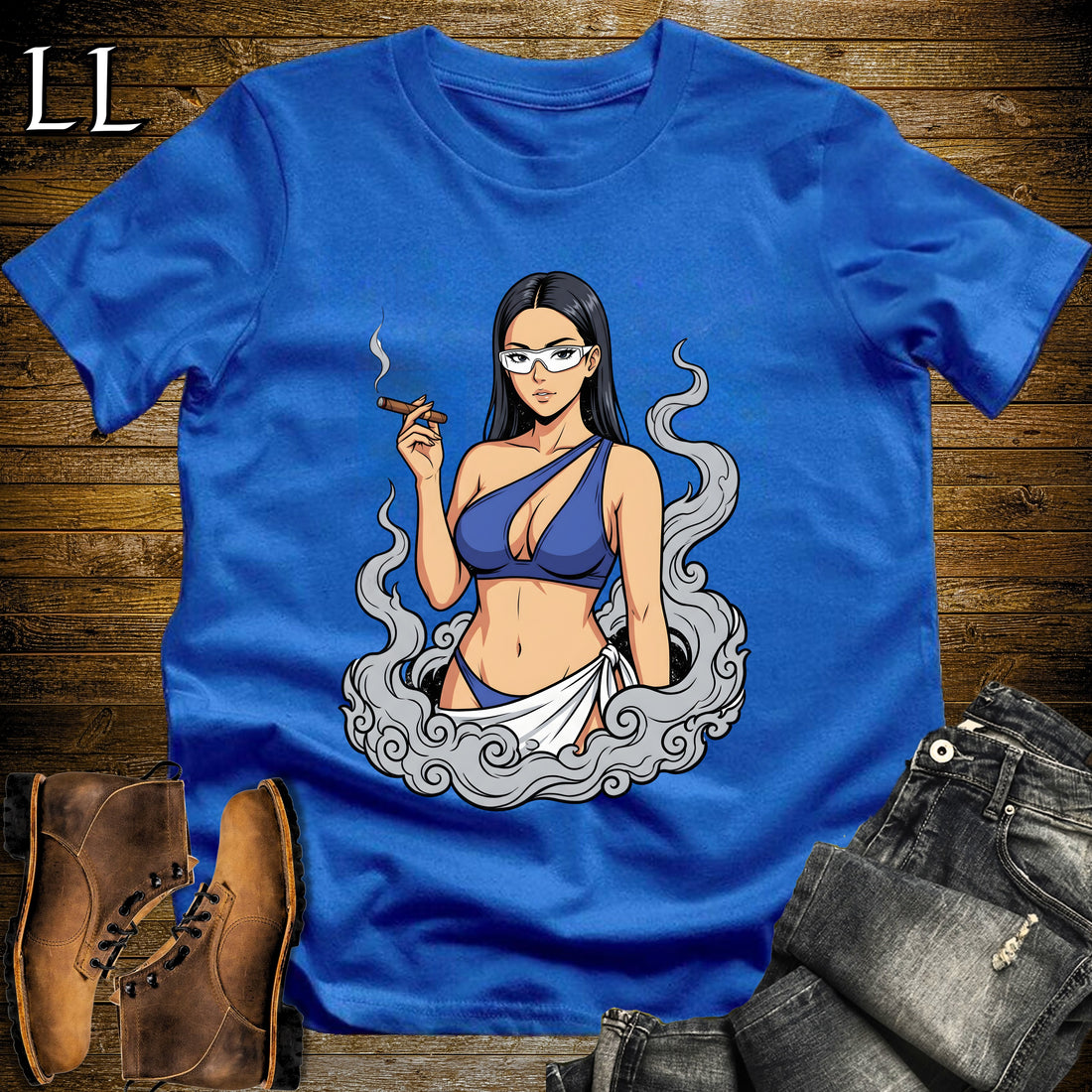 Azura's Smoke Break Cigar Girl T-Shirt Royal | Cigar Pin-Up Girl Tee