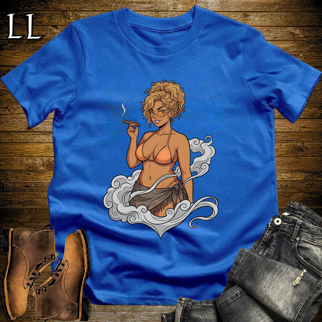 Aurelia's Smoke Break Cigar Girl T-Shirt Royal | Cigar Pin-Up Girl Tee