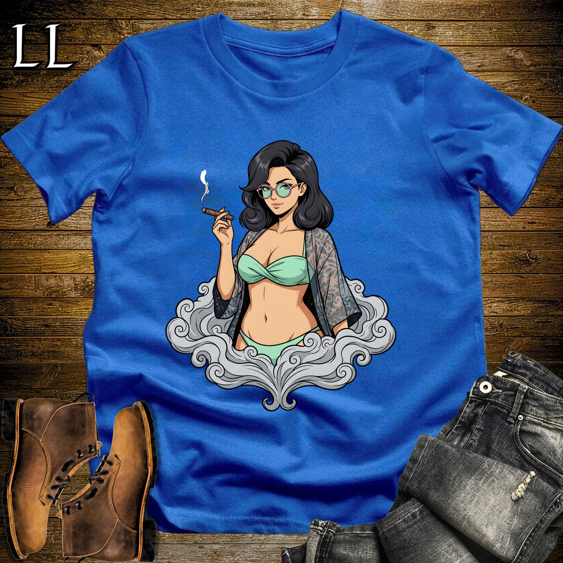 Candela's Smoke Break Cigar Girl T-Shirt Royal | Cigar Pin-Up Girl Tee