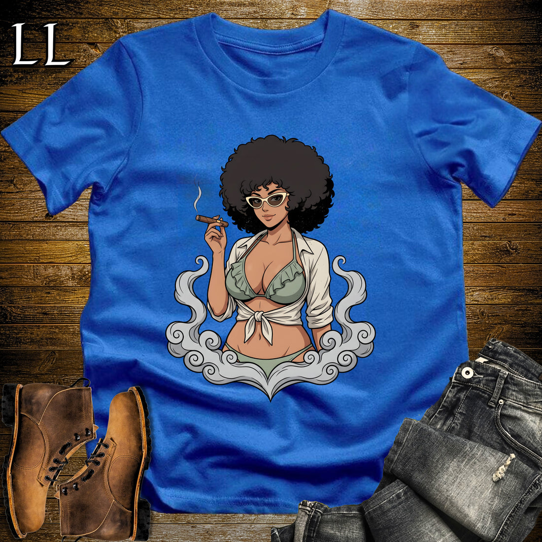 Coco's Smoke Break Cigar Girl T-Shirt Royal | Cigar Pin-Up Girl Tee