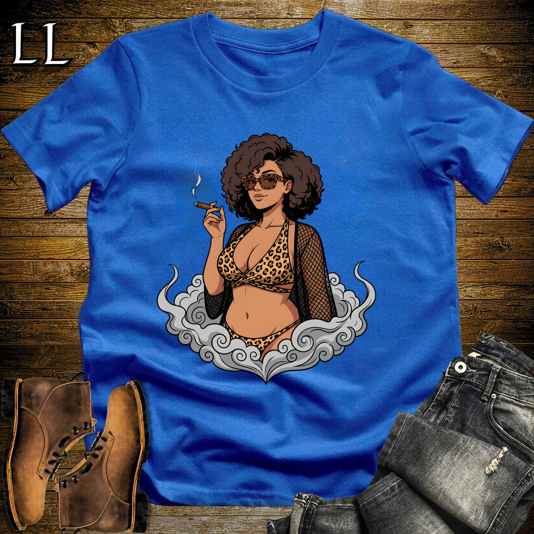 Leona's Smoke Break Cigar Girl T-Shirt Royal | Cigar Pin-Up Girl Tee