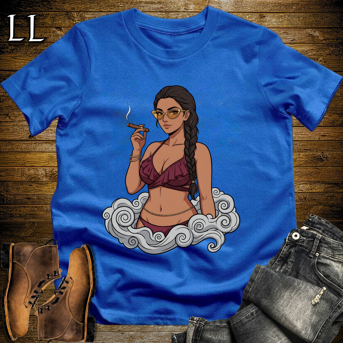 Reina's Smoke Break Cigar Girl T-Shirt Royal | Cigar Pin-Up Girl Tee