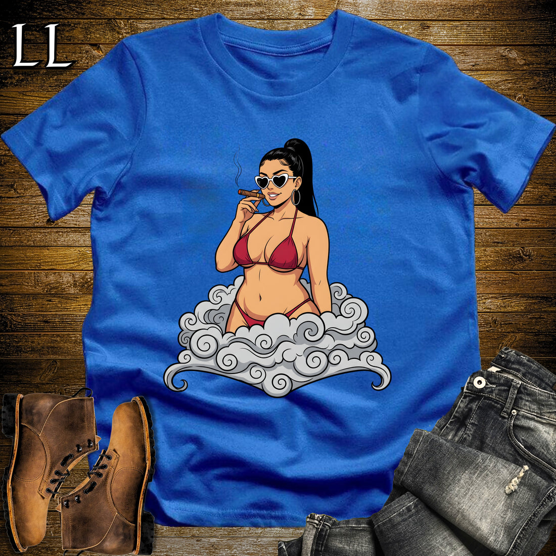 Valentina's Smoke Break Cigar Girl T-Shirt Royal | Cigar Pin-Up Girl Tee