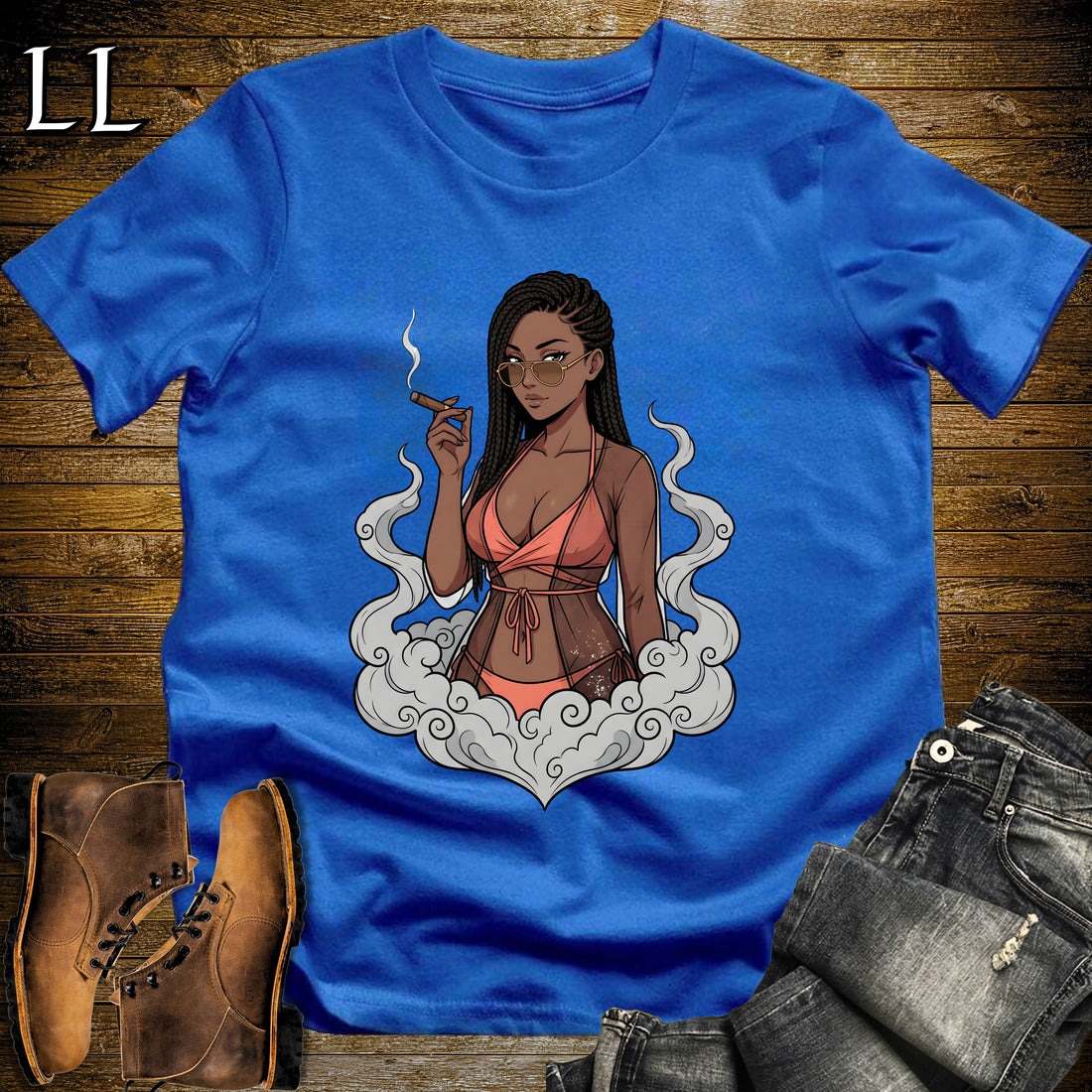 Camila's Smoke Break Cigar Girl T-Shirt Royal | Cigar Pin-Up Girl Tee