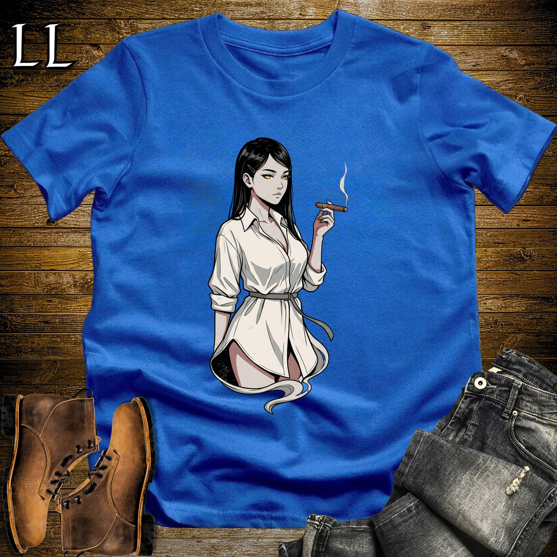 Clara's Smoke Break Cigar Girl T-Shirt Royal | Cigar Pin-Up Girl Tee