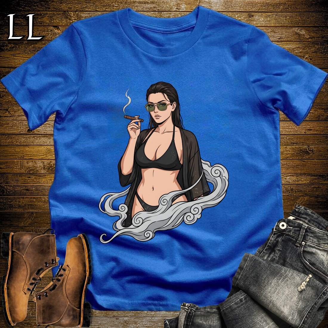 Oscura's Smoke Break Cigar Girl T-Shirt Royal | Cigar Pin-Up Girl Tee