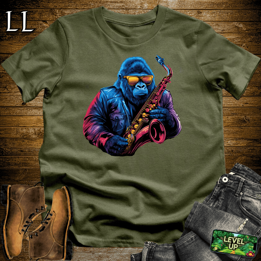 Saxophone Master Gorilla Military Green | Jazz Lover Shirt