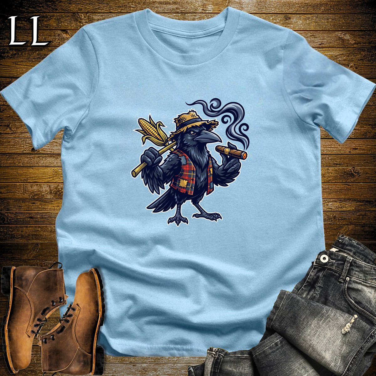 Scarecrow Crow Corn Cigar T-Shirt Light Blue | Halloween Cigar Shirt