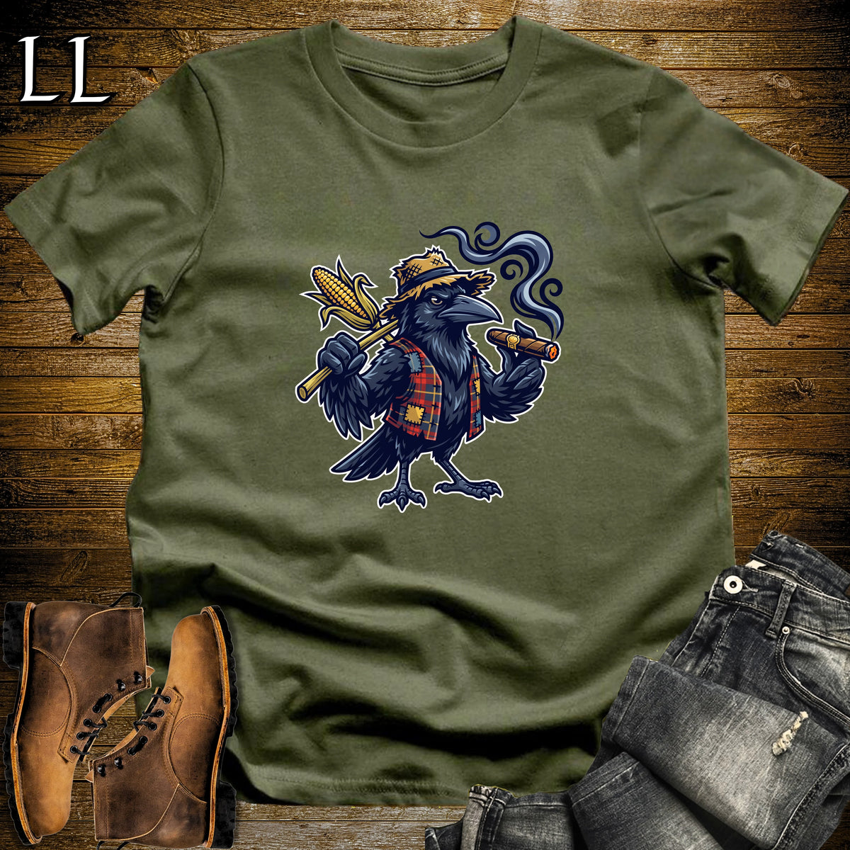 Scarecrow Crow Corn Cigar T-Shirt Military Green | Halloween Cigar Shirt