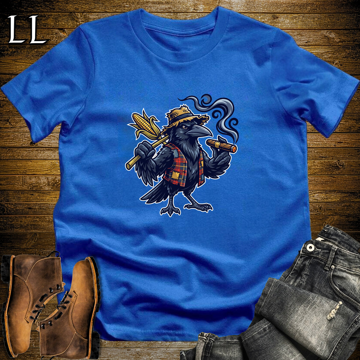 Scarecrow Crow Corn Cigar T-Shirt Royal | Halloween Cigar Shirt