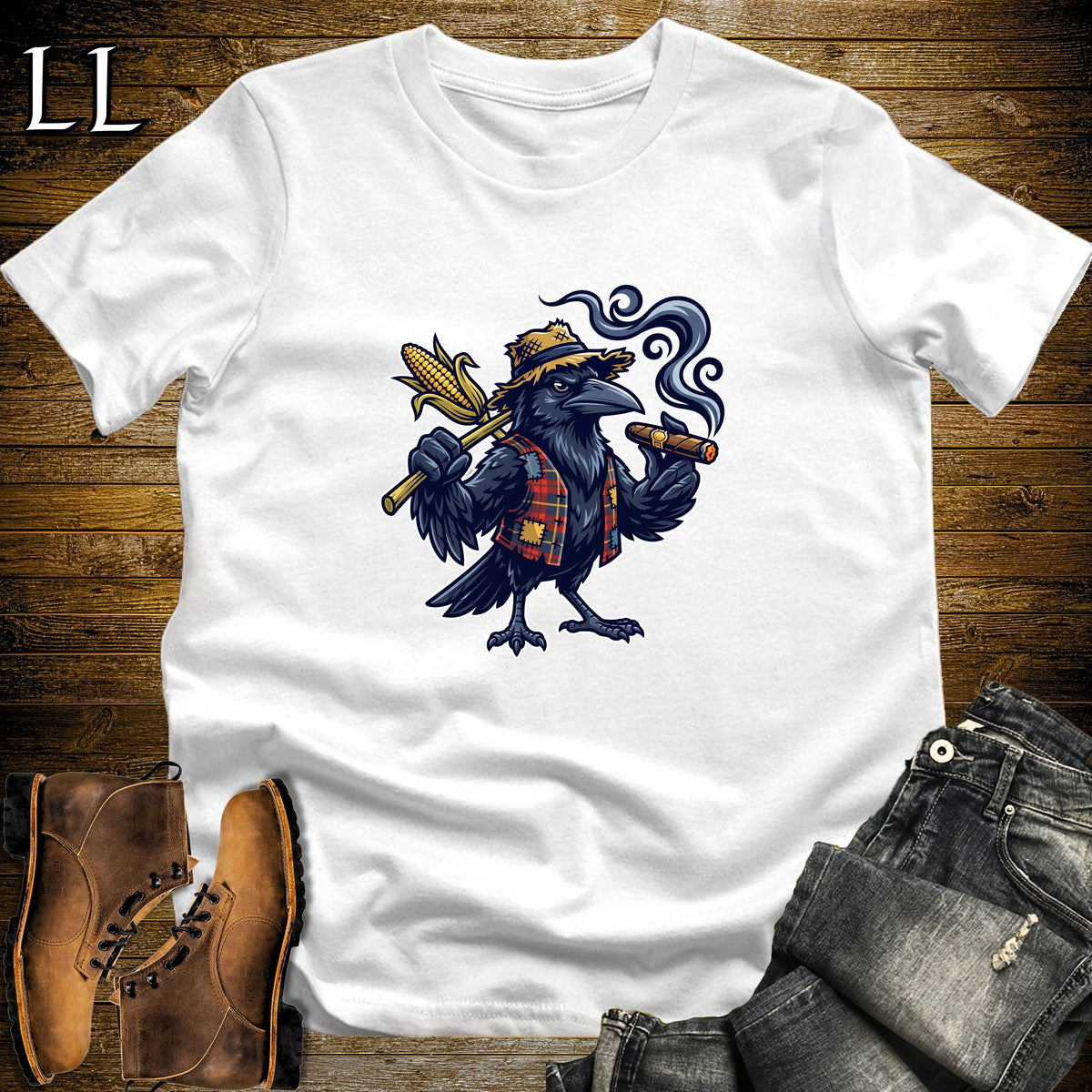 Scarecrow Crow Corn Cigar T-Shirt White | Halloween Cigar Shirt