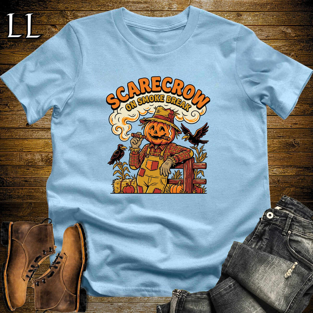 Scarecrow Smoke Break Fence Post Crows Cigar T-Shirt Light Blue | Halloween Cigar Tee