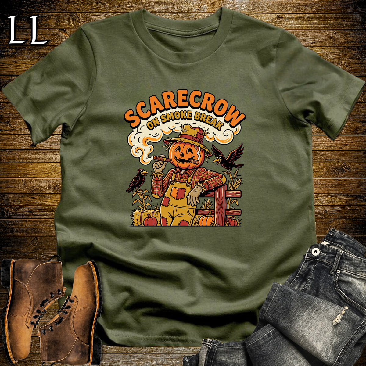 Scarecrow Smoke Break Fence Post Crows Cigar T-Shirt Military Green | Halloween Cigar Tee