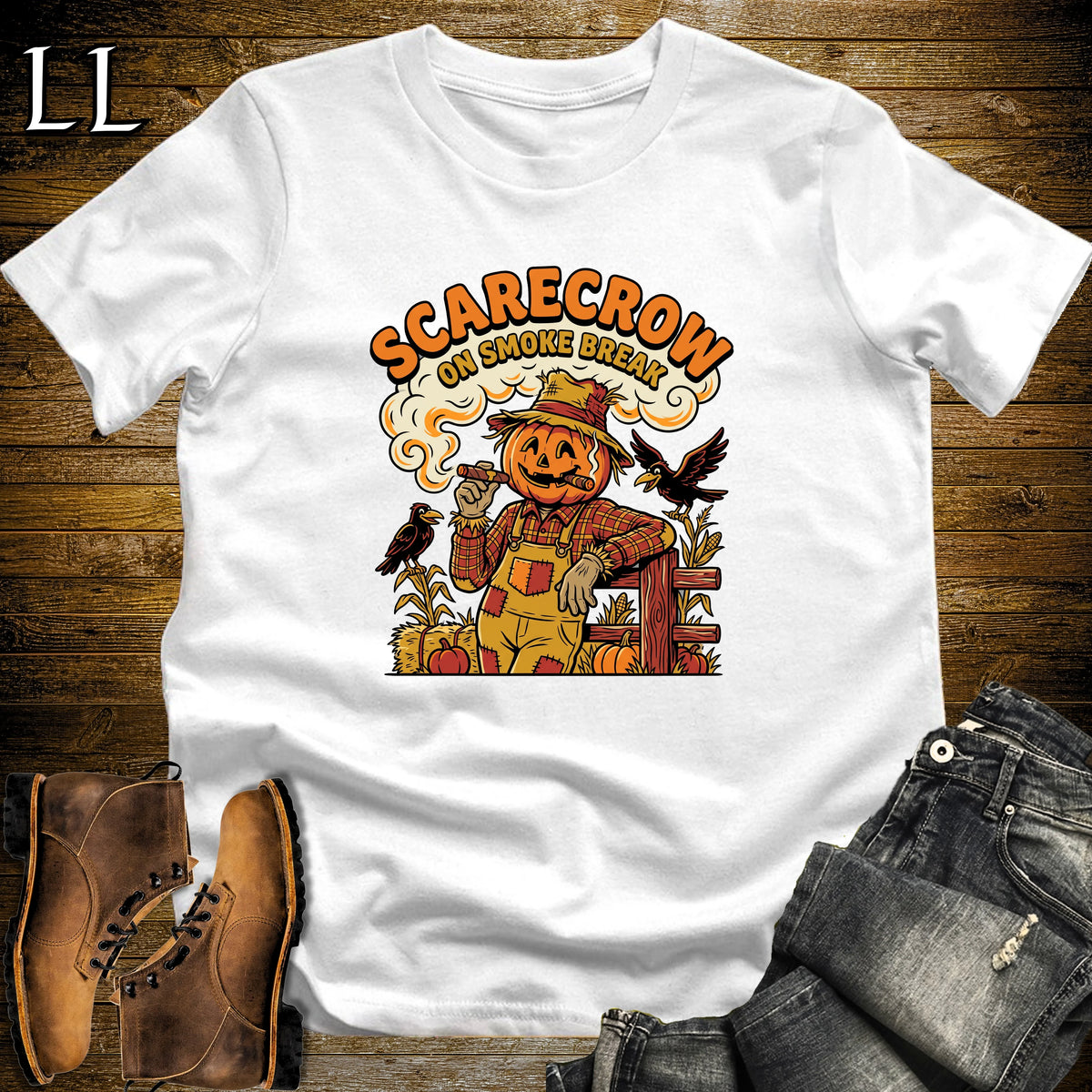 Scarecrow Smoke Break Fence Post Crows Cigar T-Shirt White | Halloween Cigar Tee