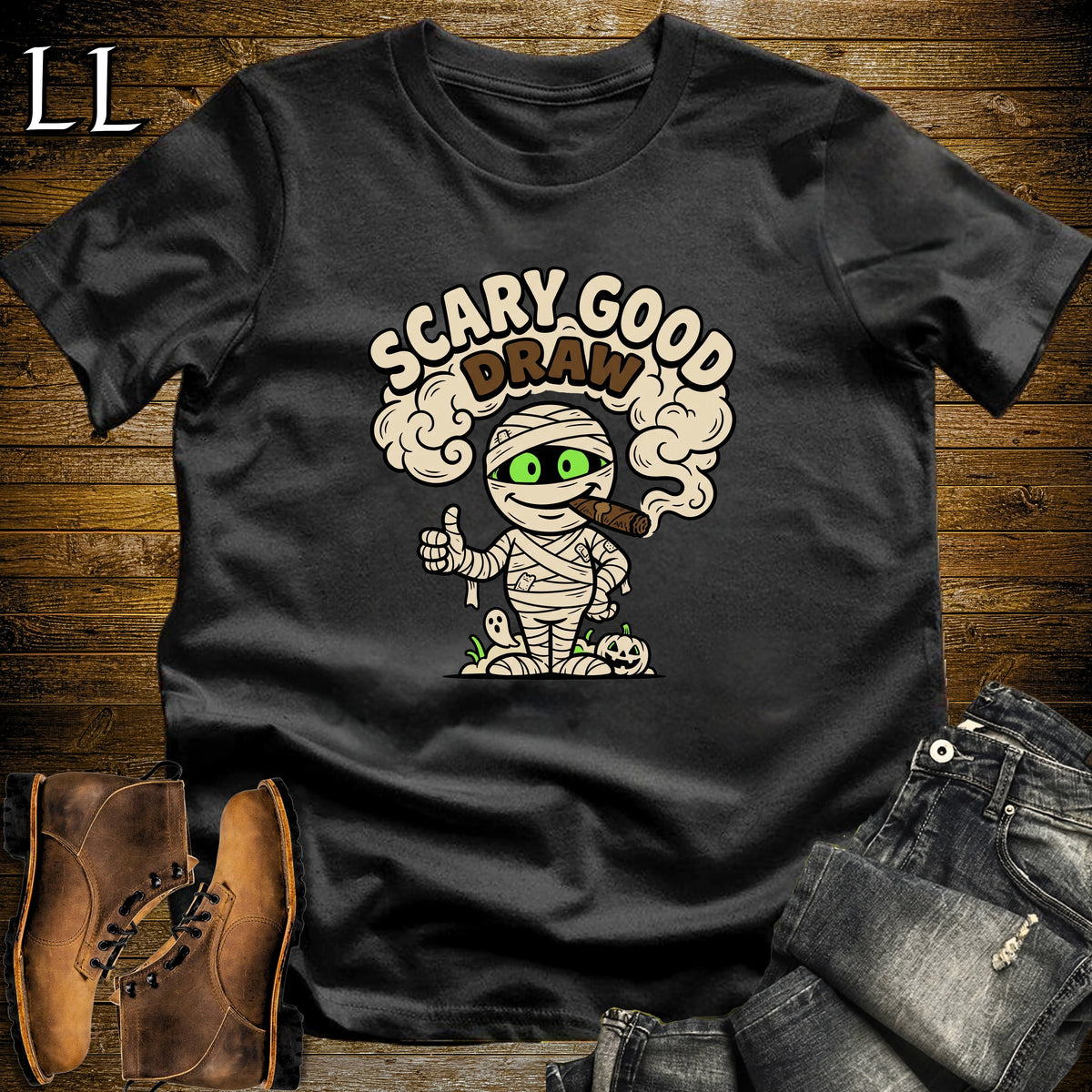 Scary Good Draw Mummy Thumbs Up Cigar T-Shirt Black | Halloween Cigar Tee