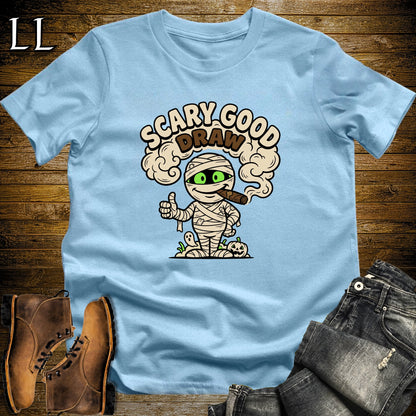 Scary Good Draw Mummy Thumbs Up Cigar T-Shirt Light Blue | Halloween Cigar Tee