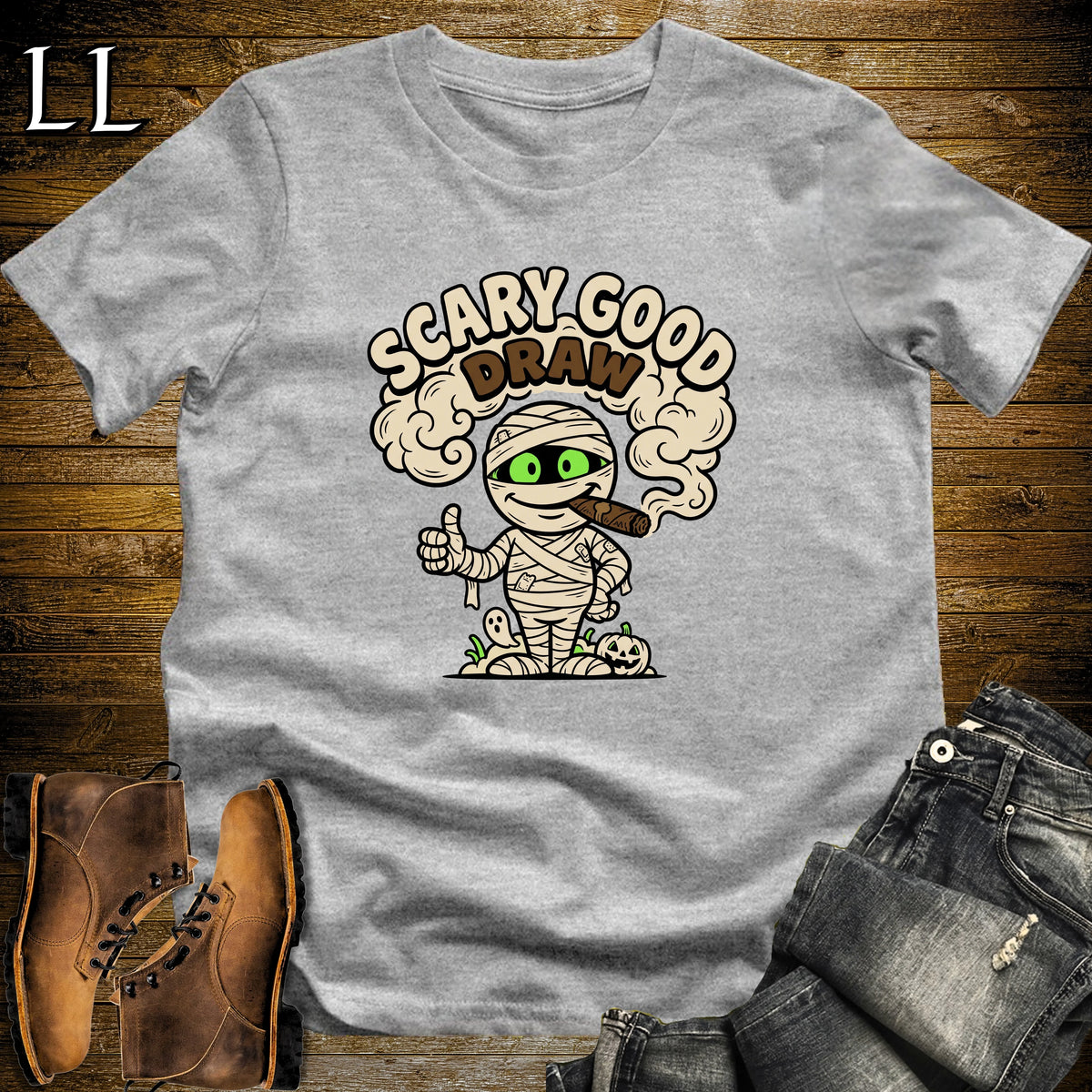 Scary Good Draw Mummy Thumbs Up Cigar T-Shirt Sport Grey | Halloween Cigar Tee