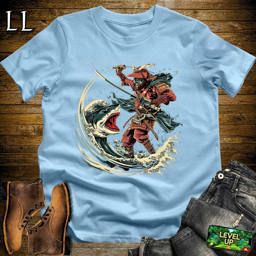 Shark Slayer Samurai Light Blue | Ocean Warrior Graphic Tee