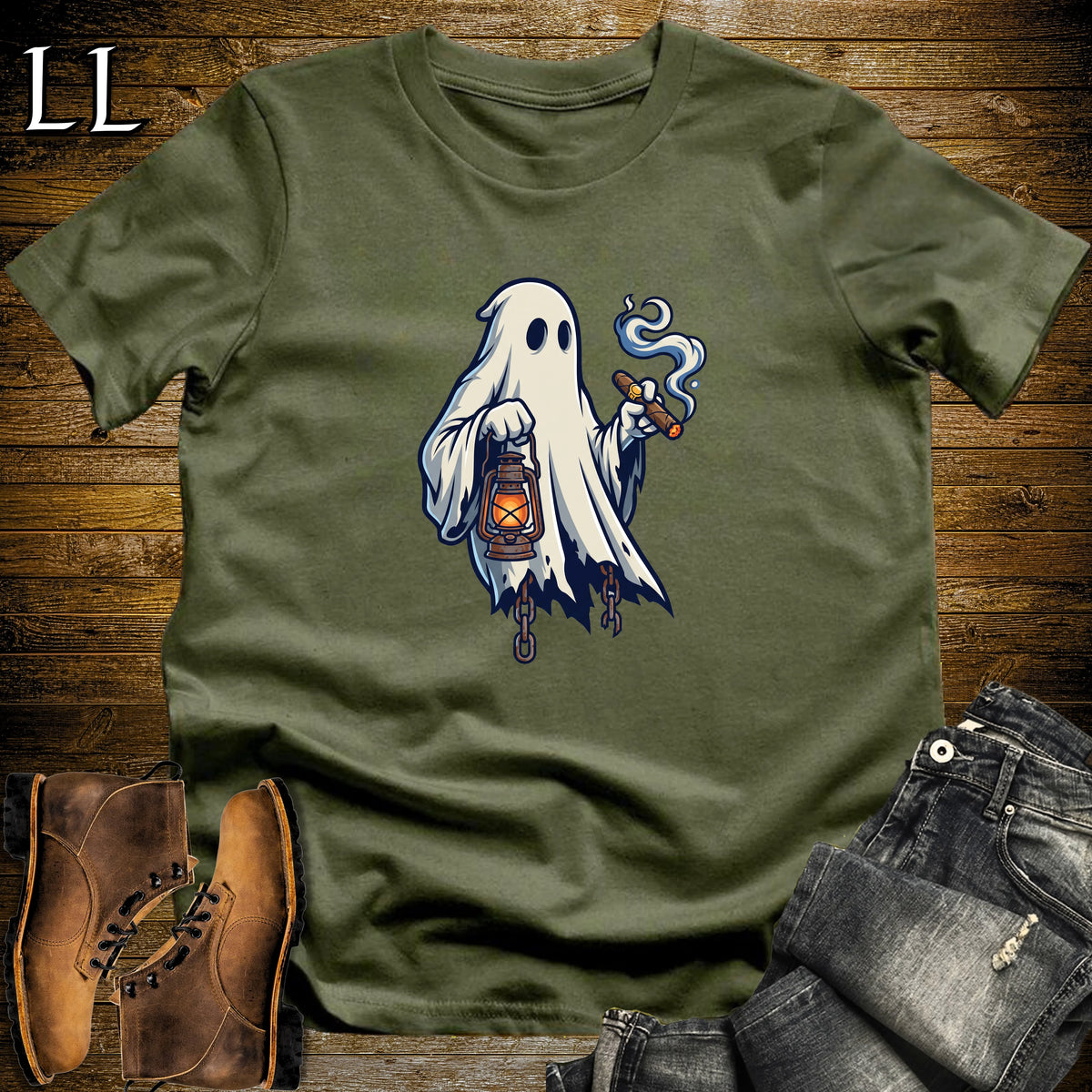 Sheet Ghost Lantern Cigar T-Shirt Military Green | Halloween Cigar Shirt