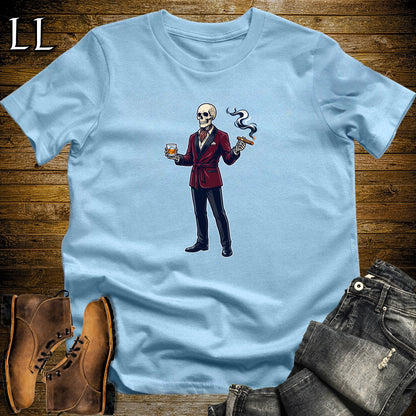 Skeleton Aficionado Bourbon & Cigar T-Shirt Light Blue | Cigar And Bourbon Shirt