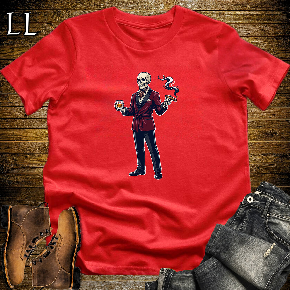 Skeleton Aficionado Bourbon & Cigar T-Shirt Red | Cigar And Bourbon Shirt