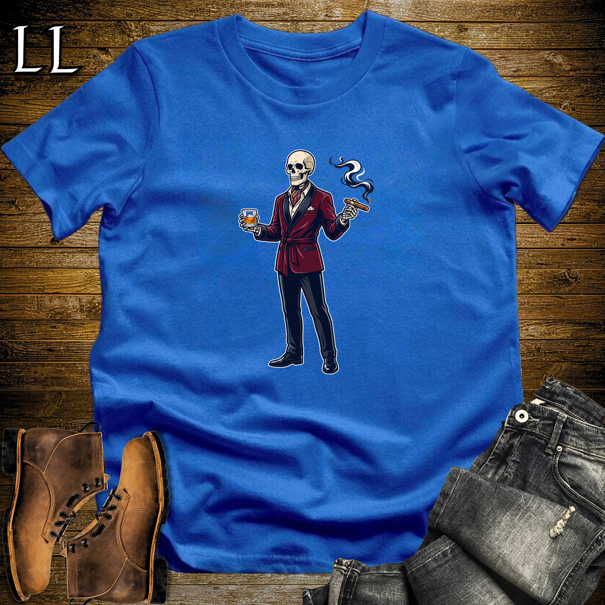 Skeleton Aficionado Bourbon & Cigar T-Shirt Royal | Cigar And Bourbon Shirt