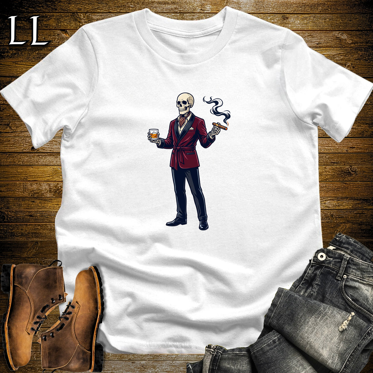 Skeleton Aficionado Bourbon & Cigar T-Shirt White | Cigar And Bourbon Shirt