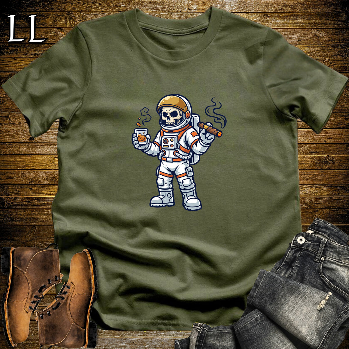 Skeleton Astronaut Zero Gravity Cigar T-Shirt Military Green | Zero Gravity Cigar Shirt