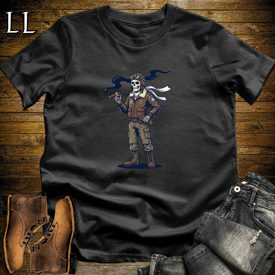 Skeleton Aviator Vintage Pilot Cigar T-Shirt Black | Vintage Pilot Cigar Shirt