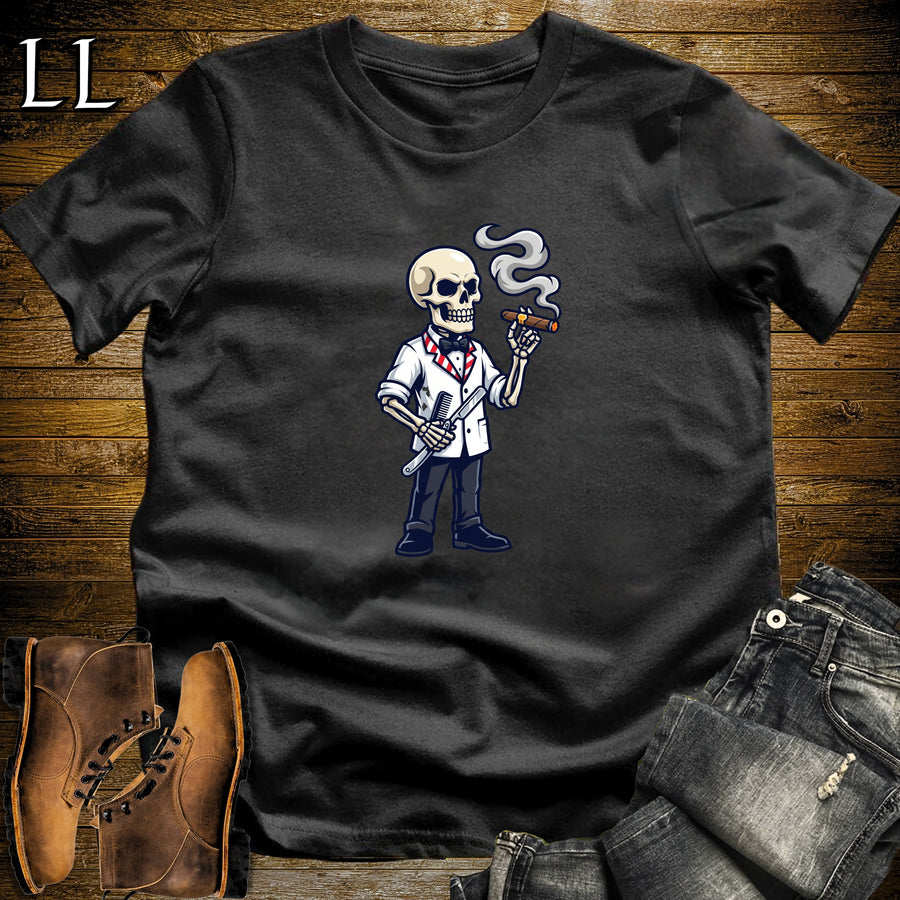 Skeleton Barber Straight Razor Cigar T-Shirt Black | Straight Razor Cigar Shirt
