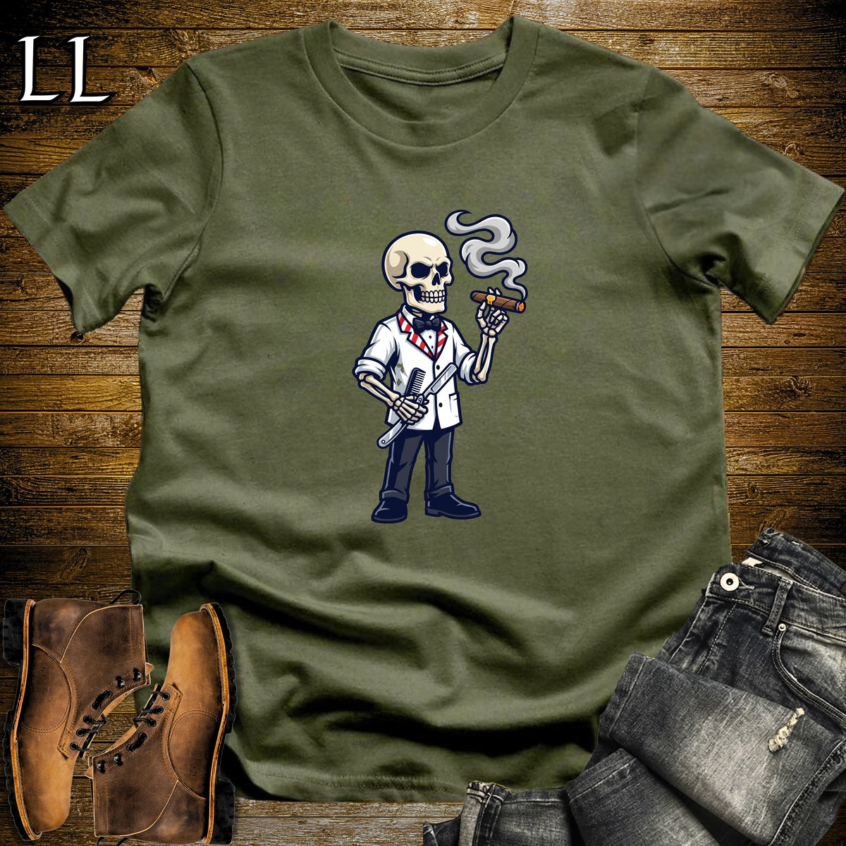 Skeleton Barber Straight Razor Cigar T-Shirt Military Green | Straight Razor Cigar Shirt