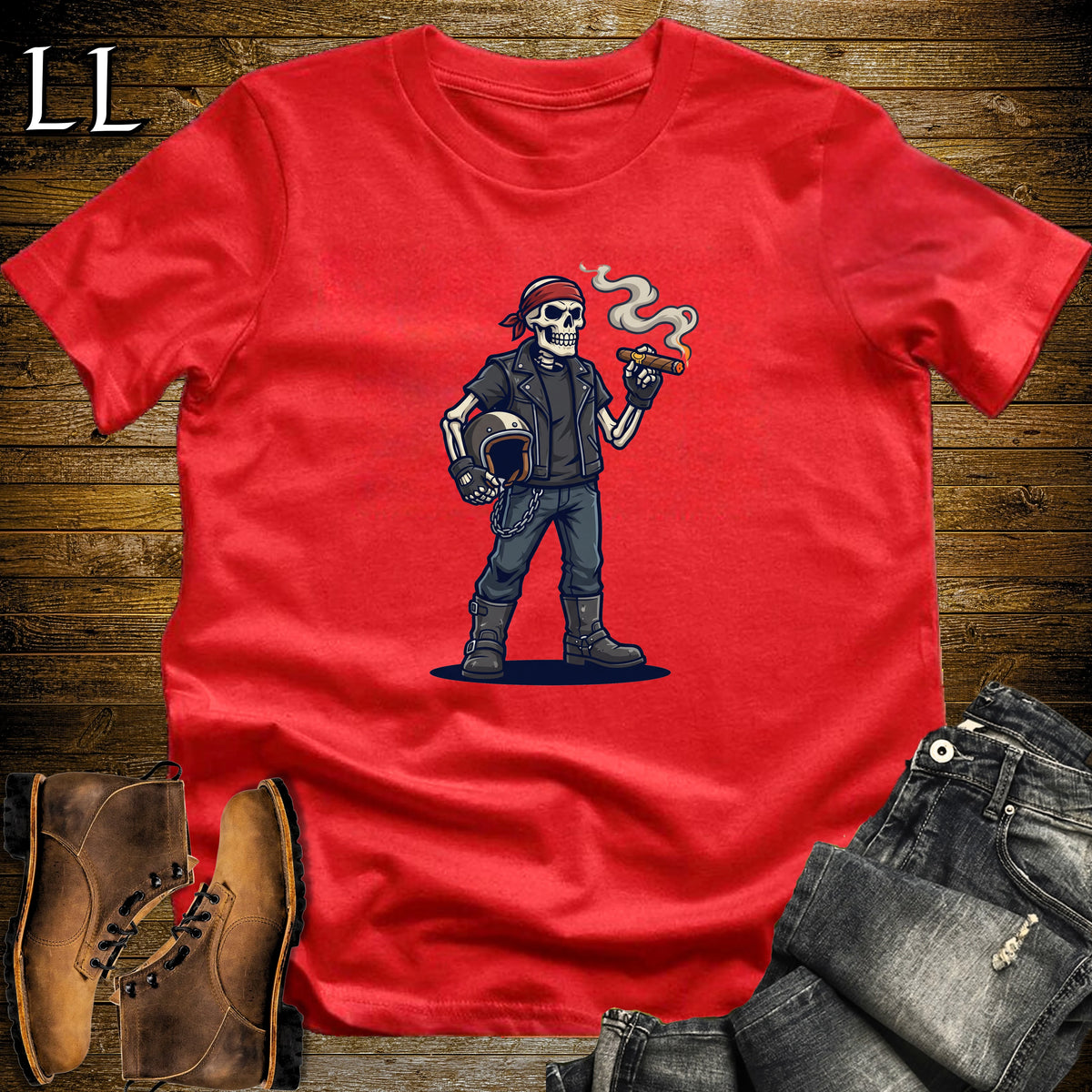 Skeleton Biker Cigar T-Shirt Red | Halloween Cigar Shirt