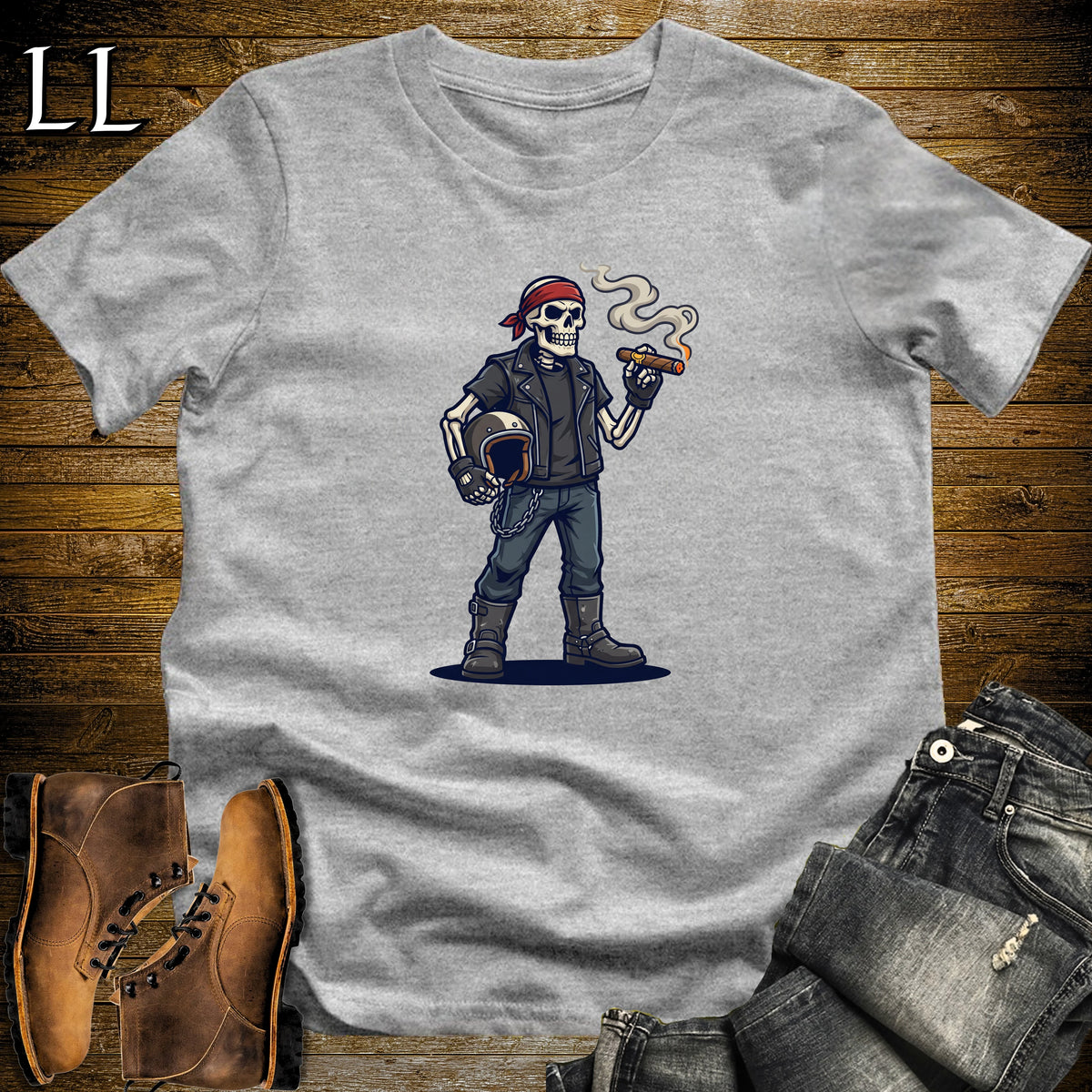 Skeleton Biker Cigar T-Shirt Sport Grey | Halloween Cigar Shirt