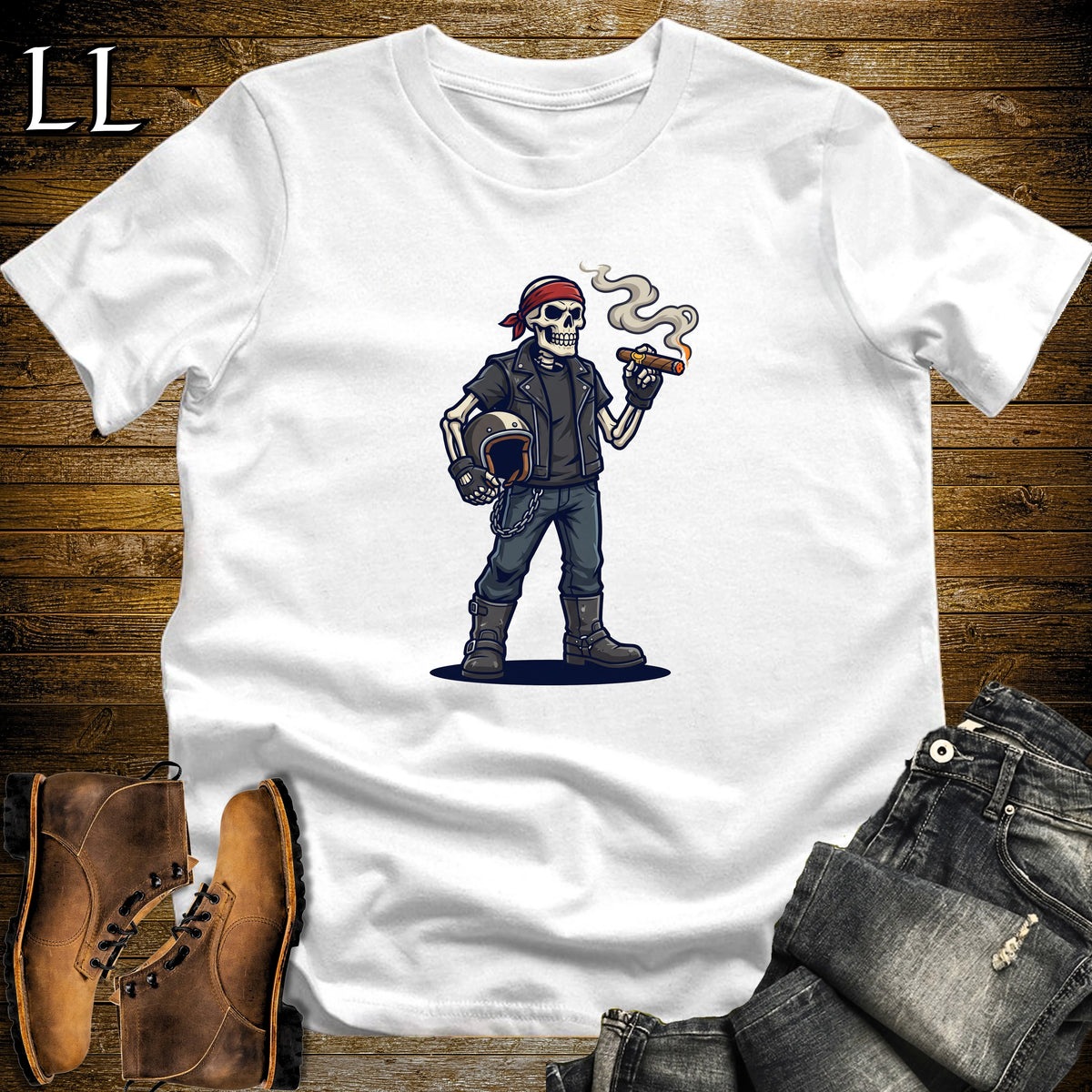 Skeleton Biker Cigar T-Shirt White | Halloween Cigar Shirt