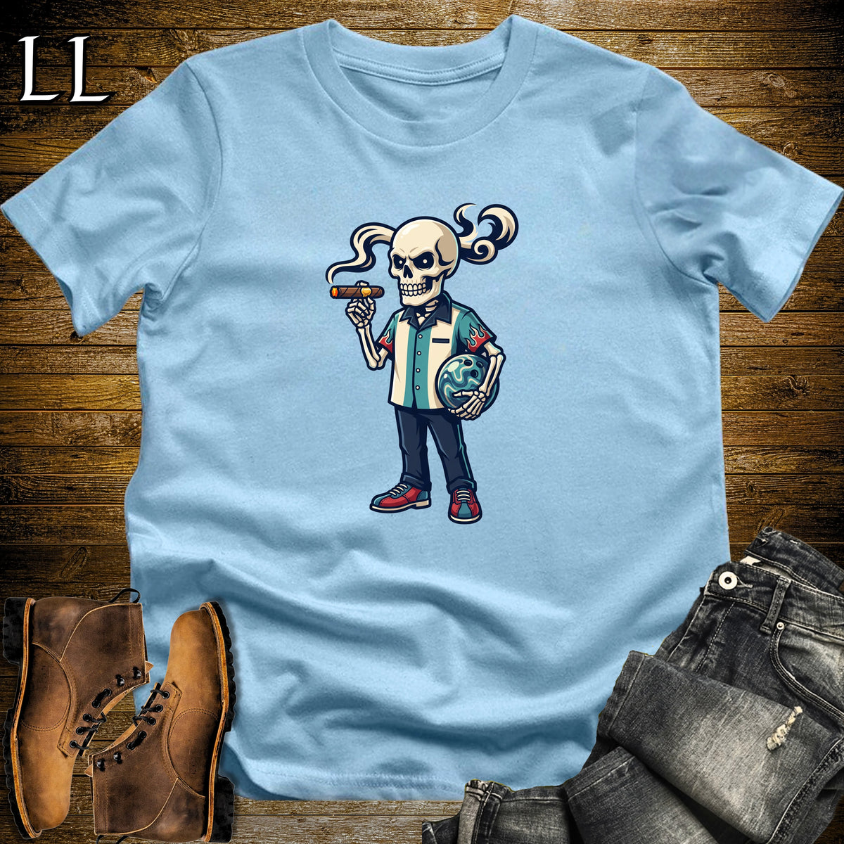 Skeleton Bowler Cigar T-Shirt Light Blue | Bowling Cigar Shirt