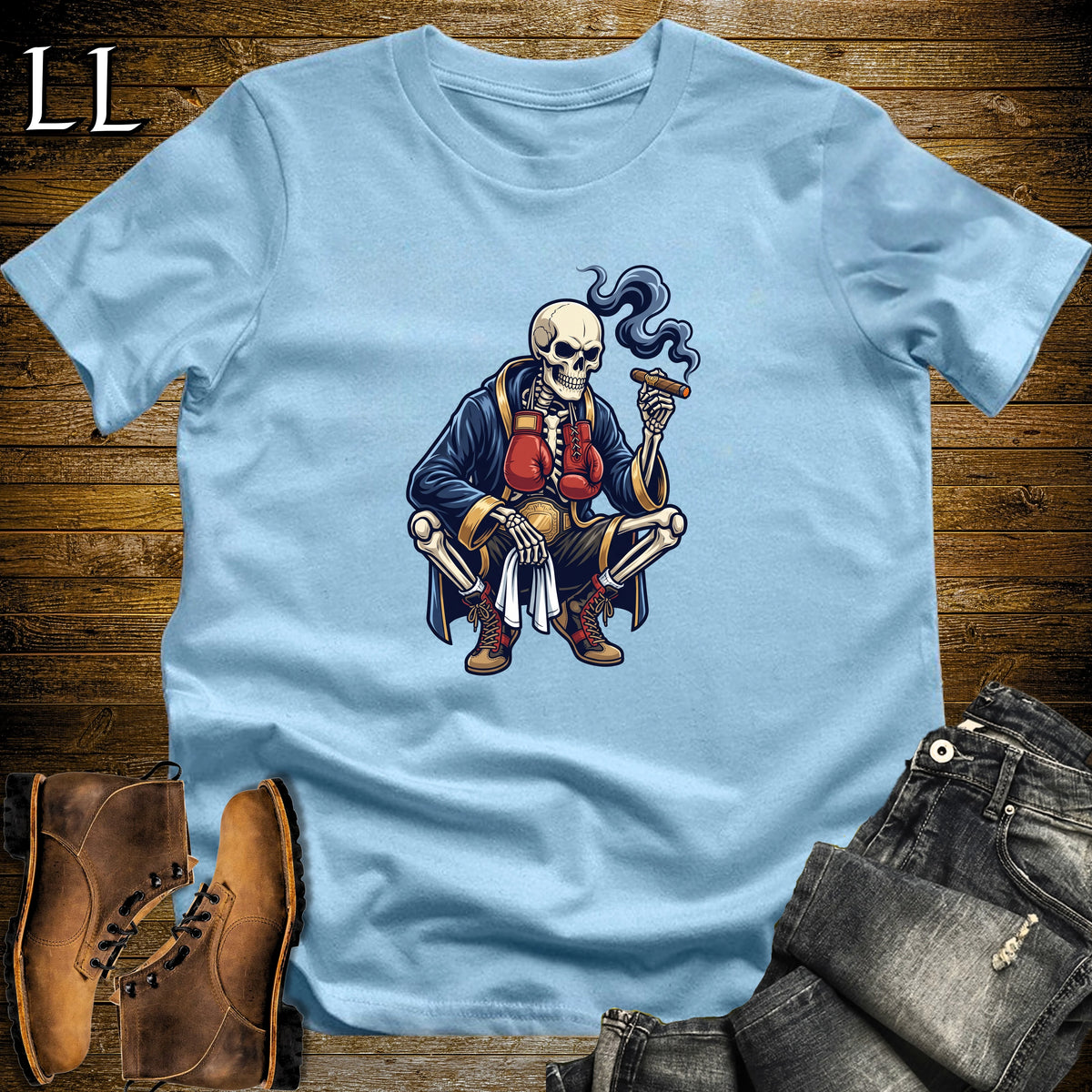 Skeleton Boxer Cigar T-Shirt Light Blue | Halloween Cigar Shirt