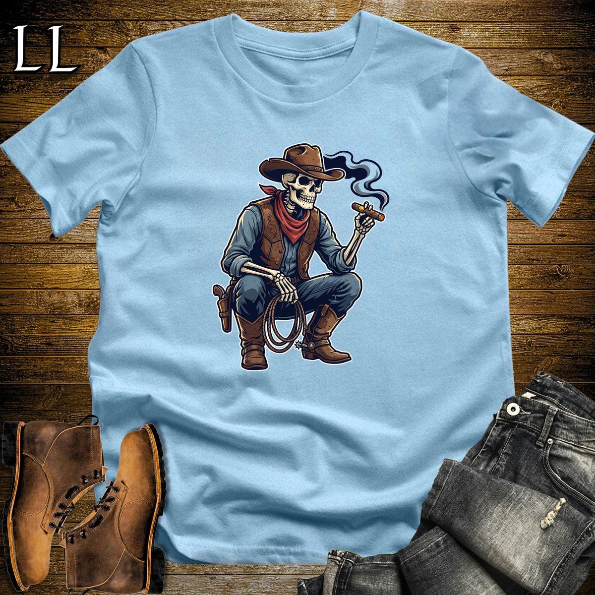 Skeleton Cowboy Lasso Cigar T-Shirt Light Blue | Western Cigar Shirt