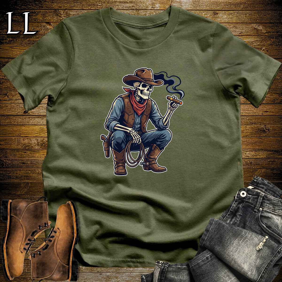Skeleton Cowboy Lasso Cigar T-Shirt Military Green | Western Cigar Shirt