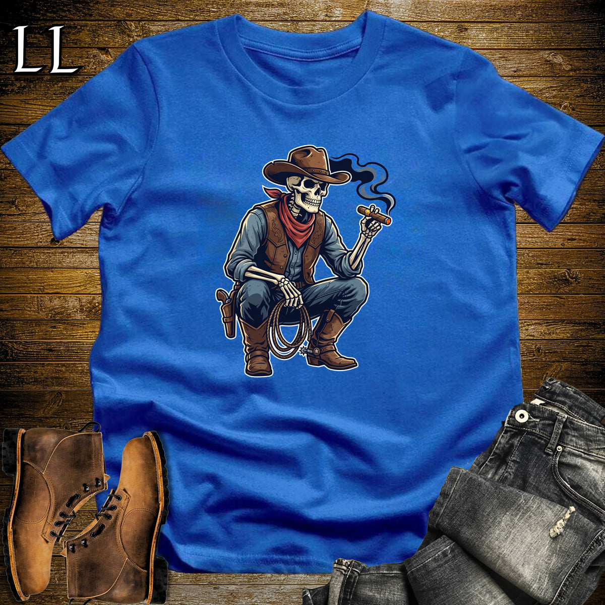 Skeleton Cowboy Lasso Cigar T-Shirt Royal | Western Cigar Shirt