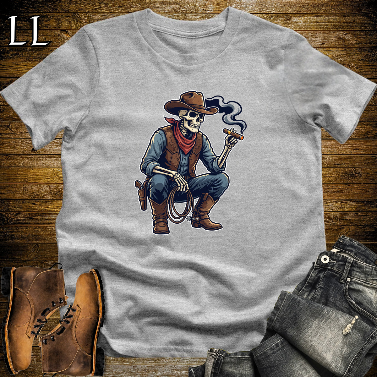 Skeleton Cowboy Lasso Cigar T-Shirt Sport Grey | Western Cigar Shirt