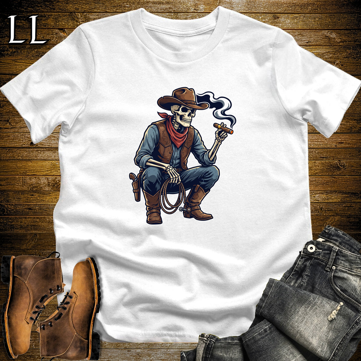 Skeleton Cowboy Lasso Cigar T-Shirt White | Western Cigar Shirt