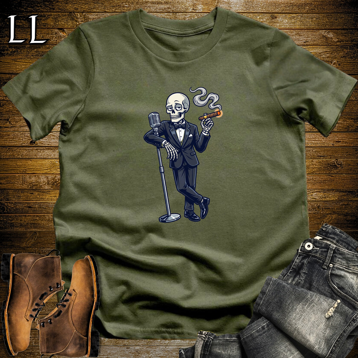 Skeleton Crooner Martini Cigar T-Shirt Military Green | Martini and Cigar Shirt
