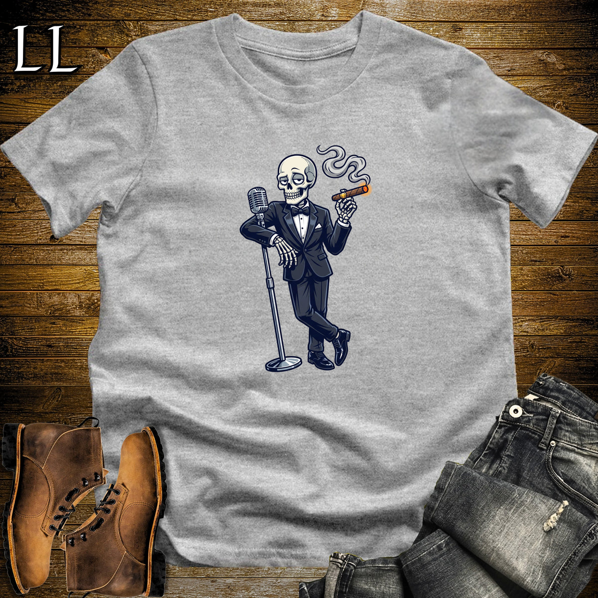Skeleton Crooner Martini Cigar T-Shirt Sport Grey | Martini and Cigar Shirt