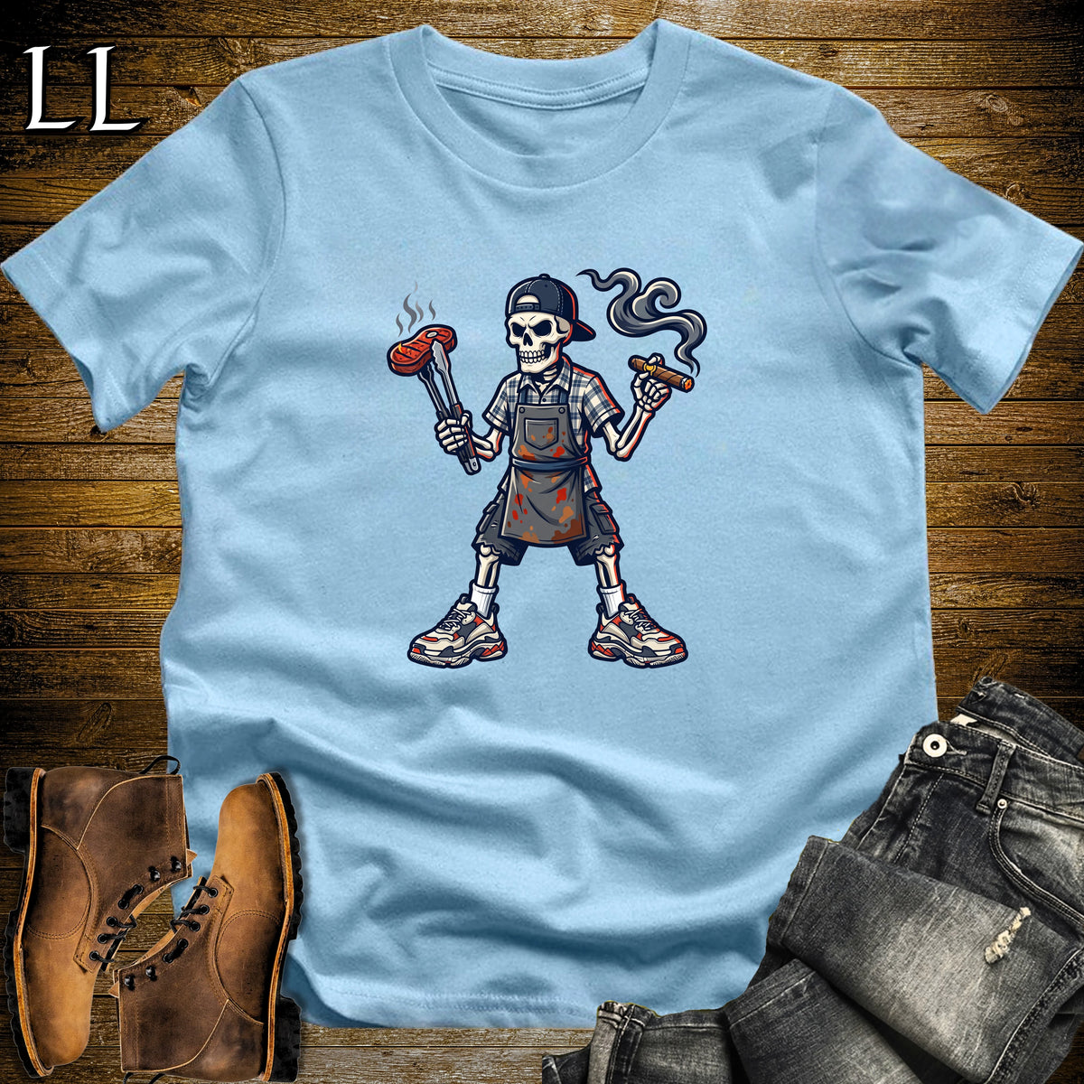 Skeleton Dad Grill Master Cigar T-Shirt Light Blue | Cigar BBQ Dad Shirt