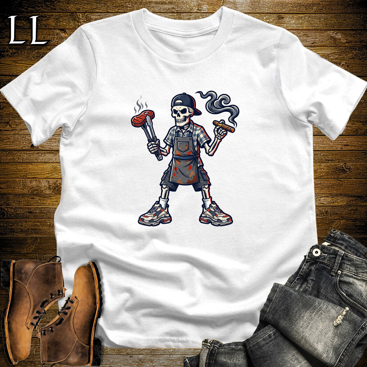 Skeleton Dad Grill Master Cigar T-Shirt White | Cigar BBQ Dad Shirt