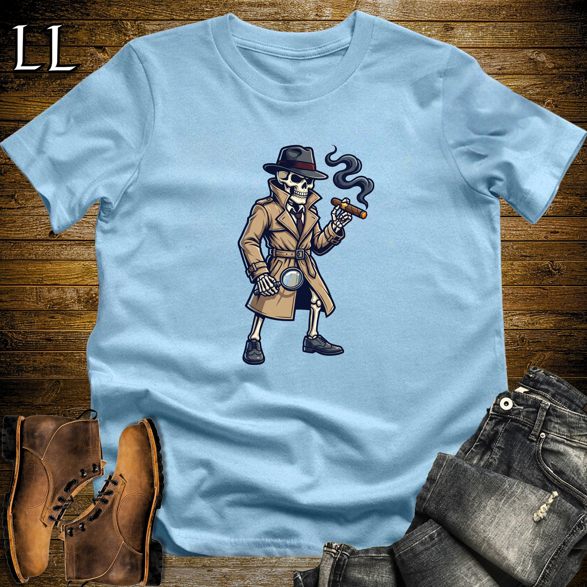 Skeleton Detective Noir Cigar T-Shirt Light Blue | Film Noir Cigar Shirt