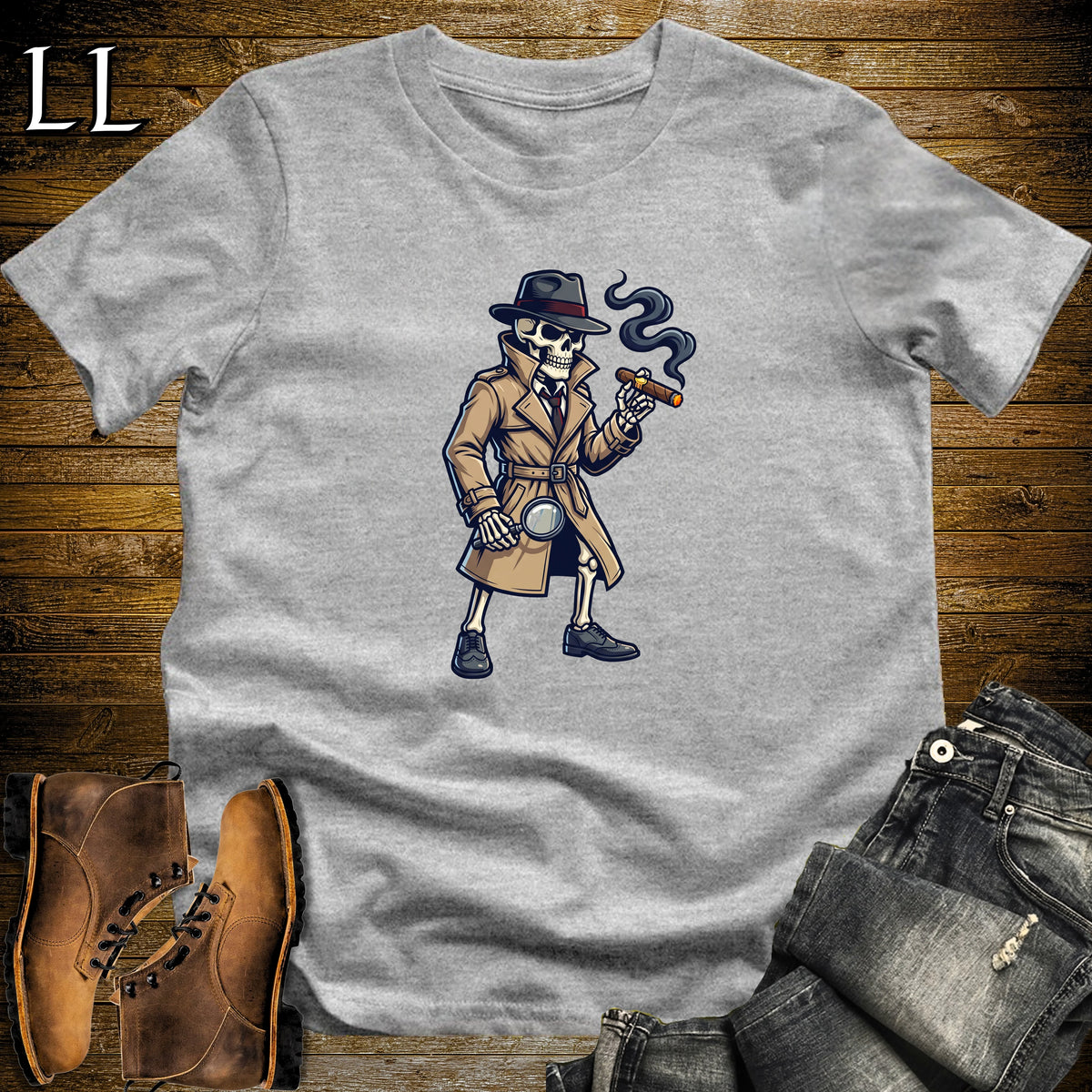 Skeleton Detective Noir Cigar T-Shirt Sport Grey | Film Noir Cigar Shirt