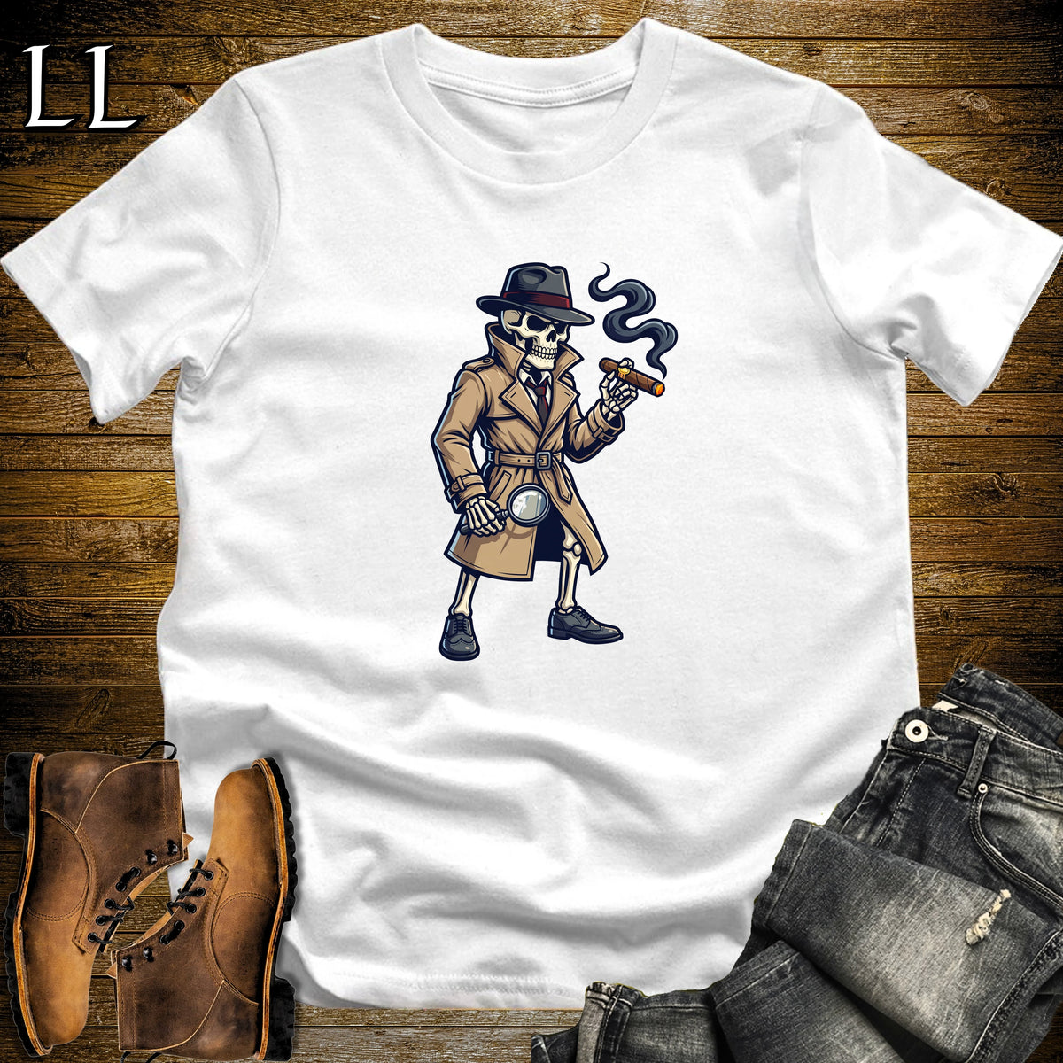 Skeleton Detective Noir Cigar T-Shirt White | Film Noir Cigar Shirt