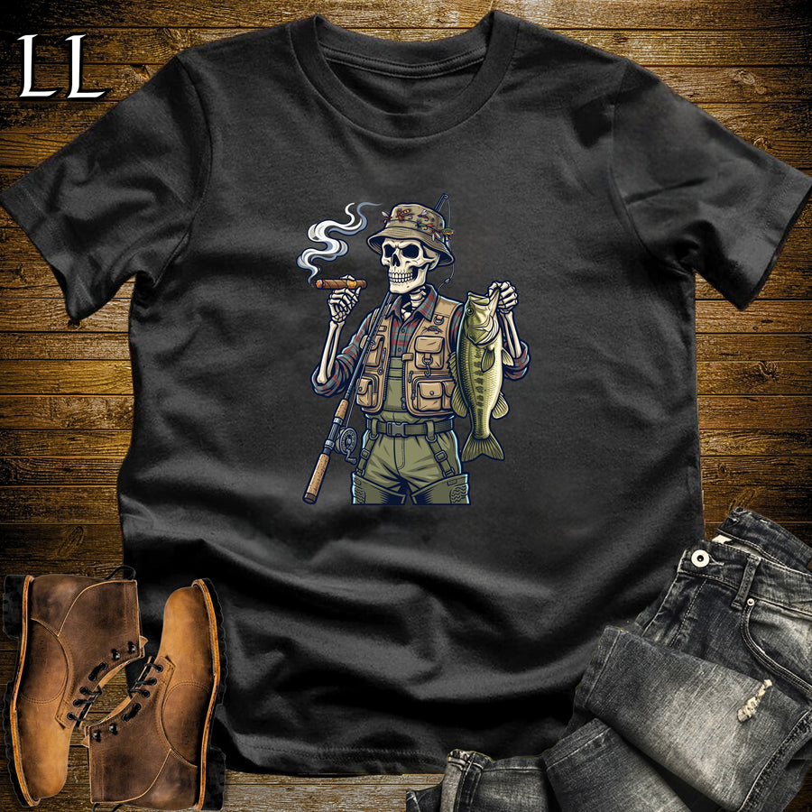 Skeleton Fisherman Bass Cigar T-Shirt Black | Bass Fishing Cigar Shirt